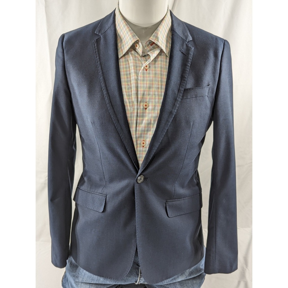 H&M Slim Fit 1 Button Casual Suit Jacket Blazer Dark Blue Crosshatch Size 36R